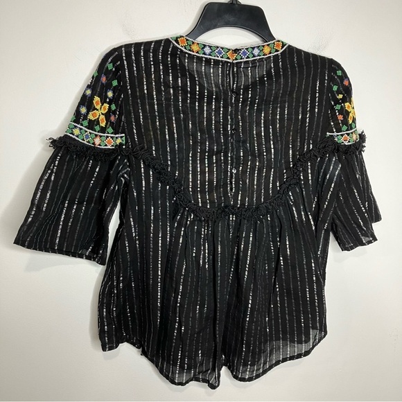 Zara boho metallic striped fringe embroidered blouse size small - Picture 6 of 7